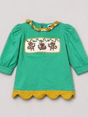 True Hand green and musty smocked and monkey embroidered long sleeve dress